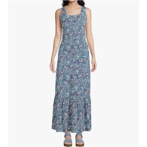 Lands' End Womens M Tall Cotton Modal Square Neck Micro Floral Tiered Maxi Dress